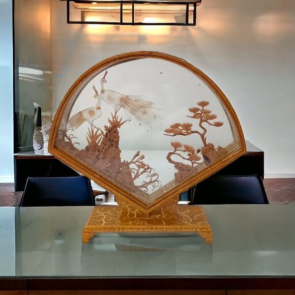 Asian Cork Peacocks Diorama Shadow Box Sculpture Hand Carved Gold Tone Frame Vtg - Picture 14 of 16